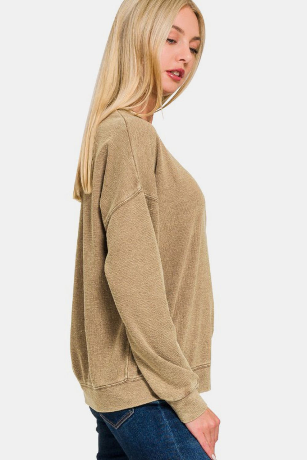 Zenana - Acid Wash French Terry Pullover - Mocha - Inspired Eye Boutique