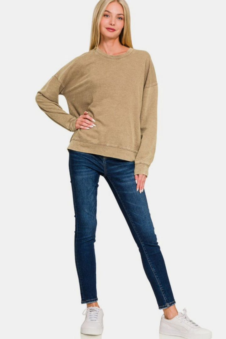 Zenana - Acid Wash French Terry Pullover - Mocha - Inspired Eye Boutique