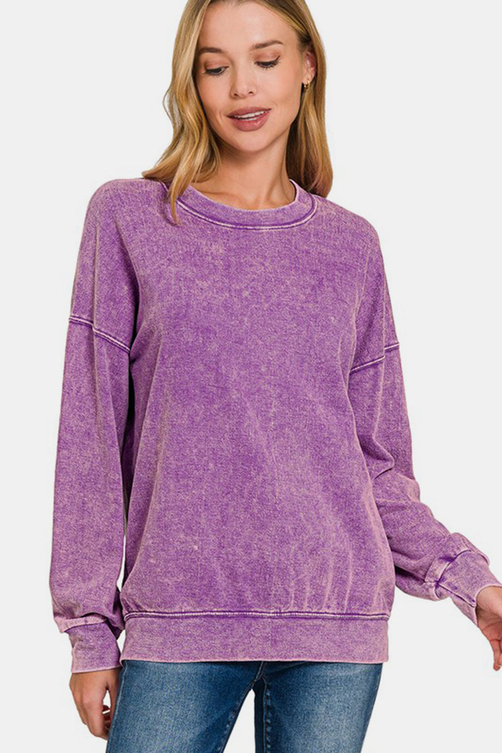 Zenana - Acid Wash French Terry Pullover - Violet - Inspired Eye Boutique