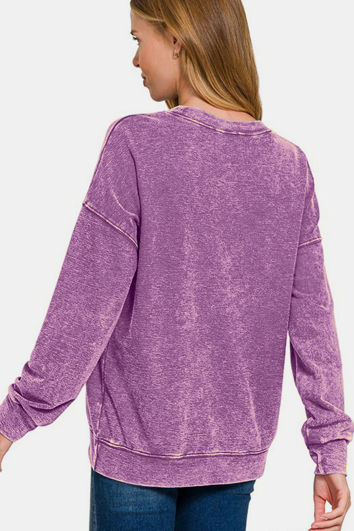 Zenana - Acid Wash French Terry Pullover - Violet - Inspired Eye Boutique