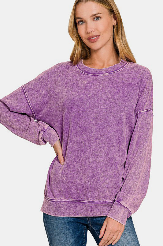 Zenana - Acid Wash French Terry Pullover - Violet - Inspired Eye Boutique