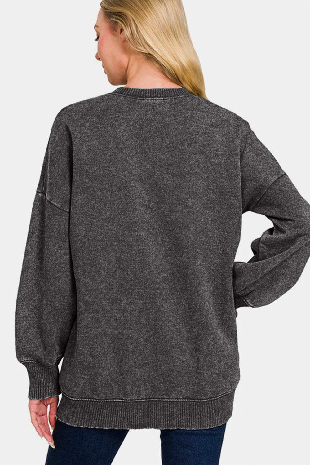 Zenana - Acid Wash High-Low Fleece Sweatshirt - Black - Inspired Eye Boutique