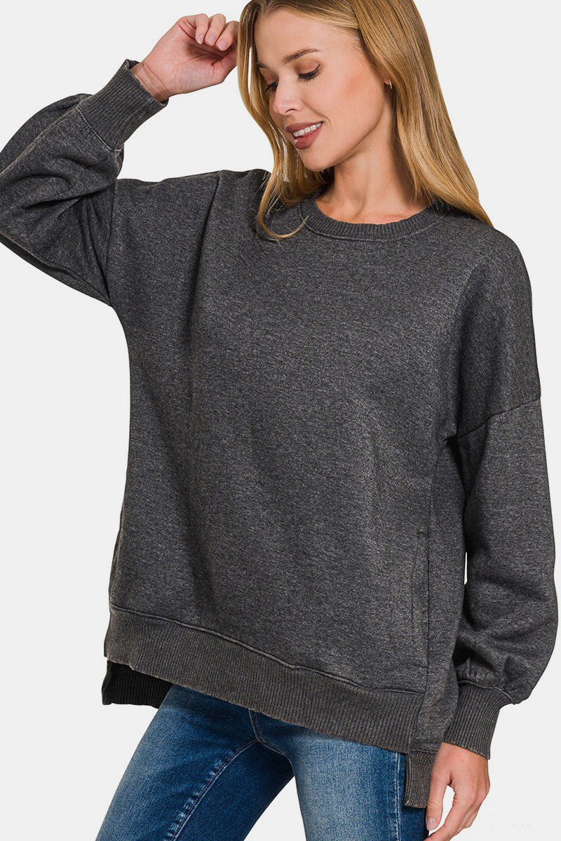 Zenana - Acid Wash High-Low Fleece Sweatshirt - Black - Inspired Eye Boutique