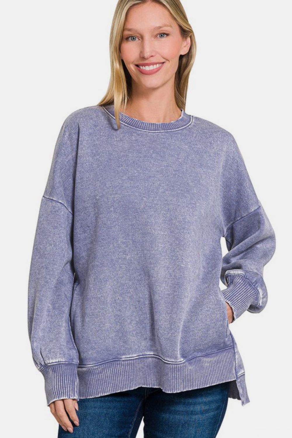 Zenana - Acid Wash High-Low Fleece Sweatshirt - Mauve - Inspired Eye Boutique