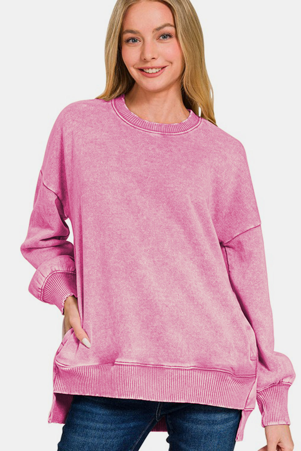 Zenana - Acid Wash High-Low Fleece Sweatshirt - Pink - Inspired Eye Boutique