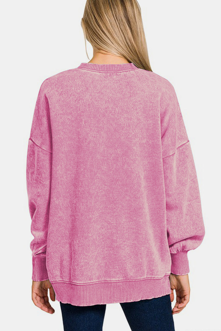 Zenana - Acid Wash High-Low Fleece Sweatshirt - Pink - Inspired Eye Boutique