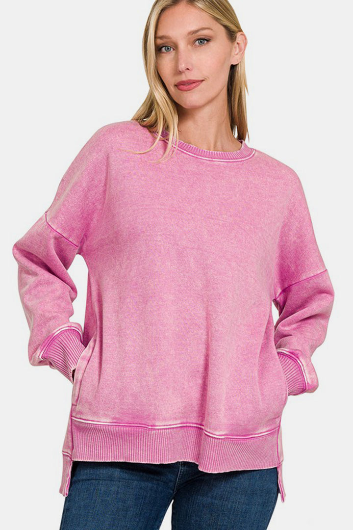 Zenana - Acid Wash High-Low Fleece Sweatshirt - Pink - Inspired Eye Boutique