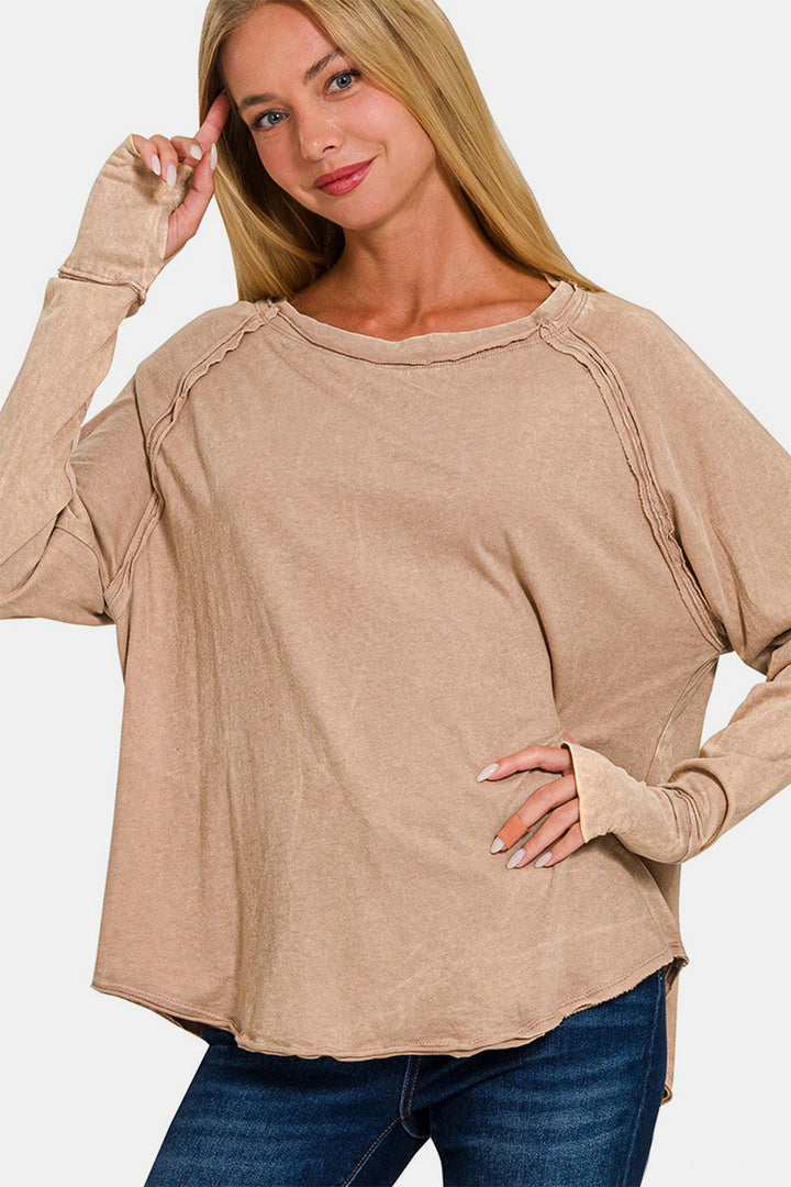 Zenana - Acid Wash Long Sleeve Tee - Ash Mocha - Inspired Eye Boutique