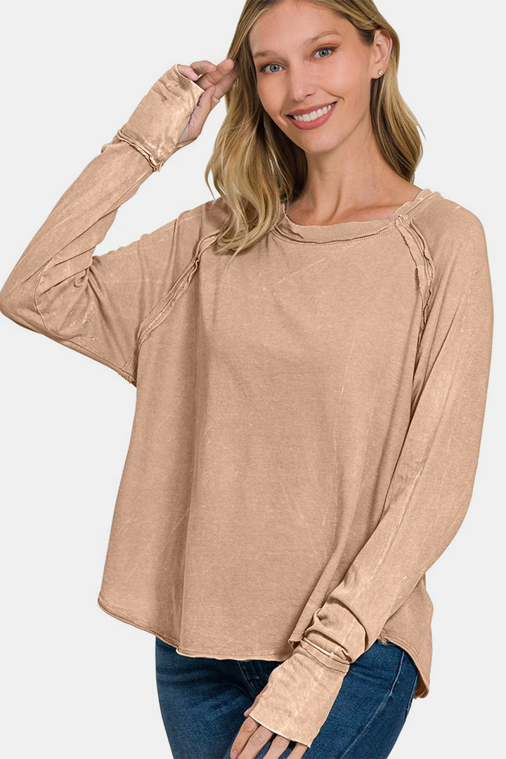 Zenana - Acid Wash Long Sleeve Tee - Ash Mocha - Inspired Eye Boutique