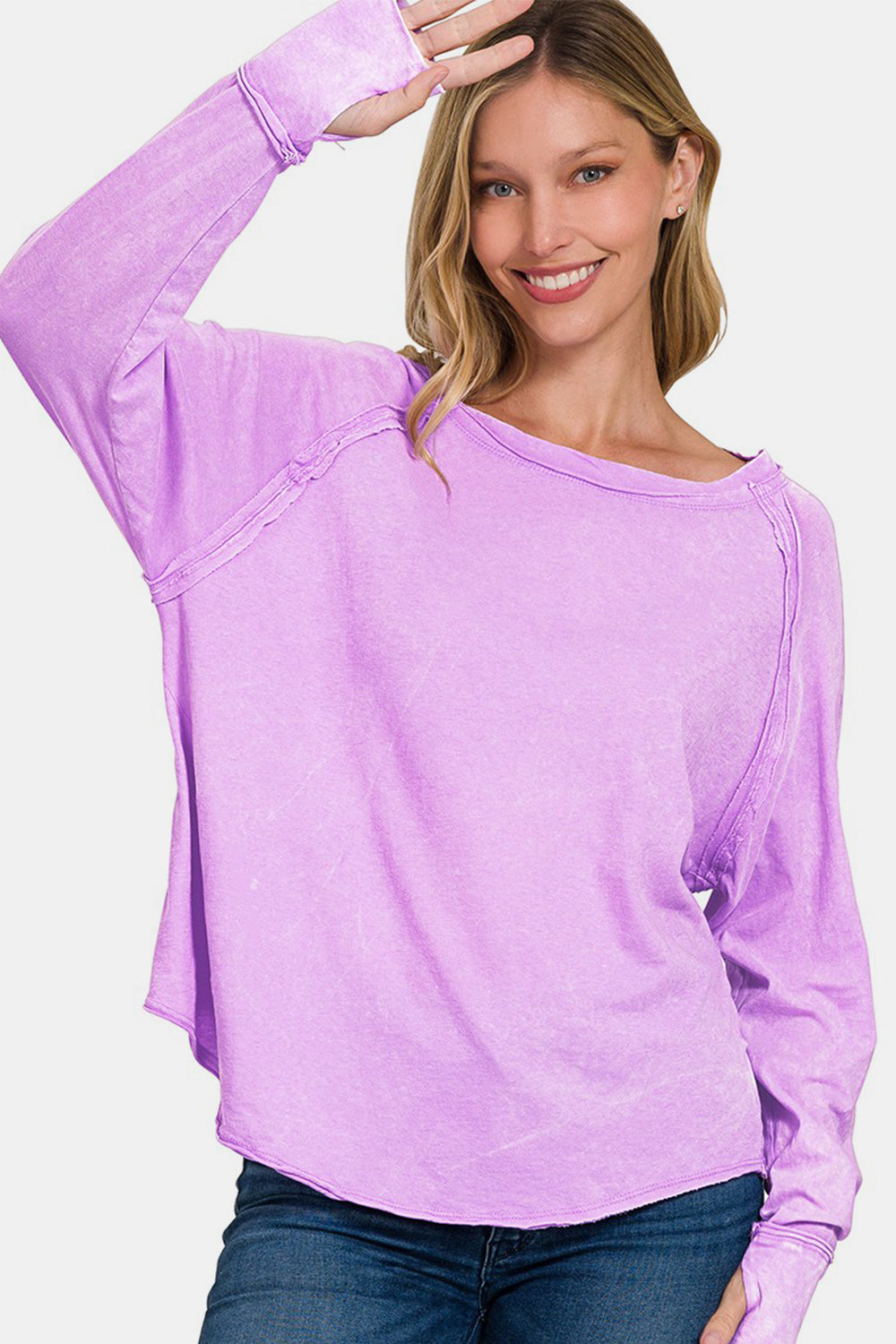 Zenana - Acid Wash Long Sleeve Tee - Lavender - Inspired Eye Boutique