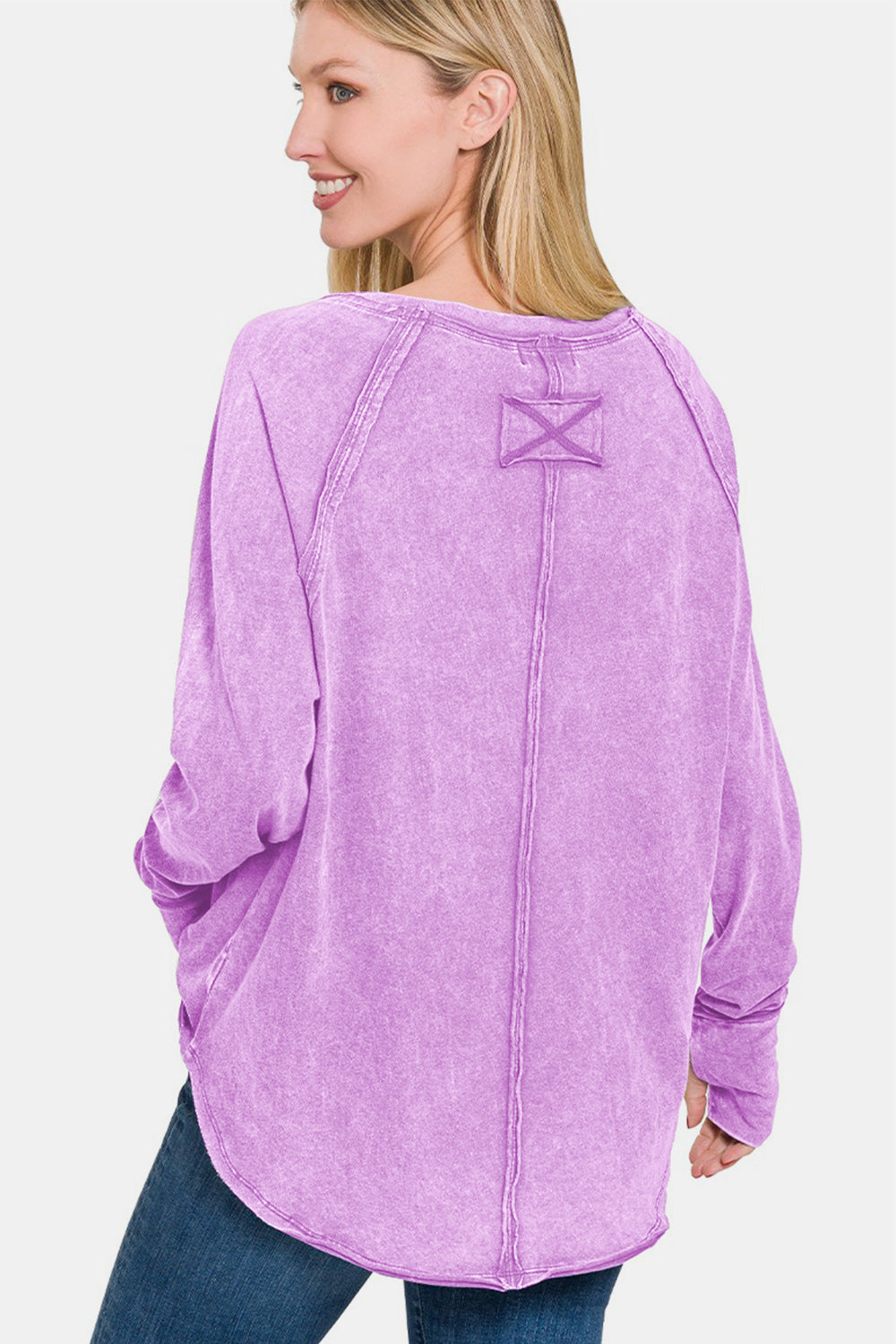 Zenana - Acid Wash Long Sleeve Tee - Lavender - Inspired Eye Boutique