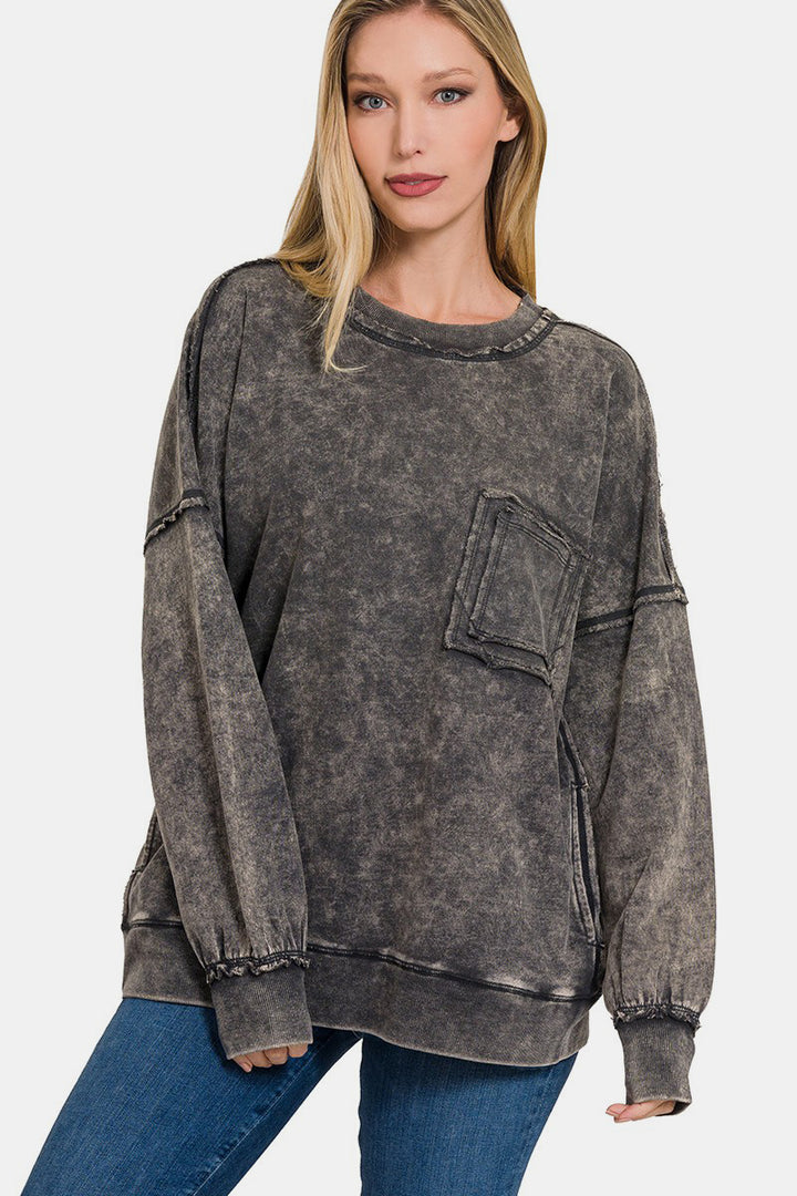 Zenana - Acid Wash Pullover Sweatshirt - Ash Black - Inspired Eye Boutique