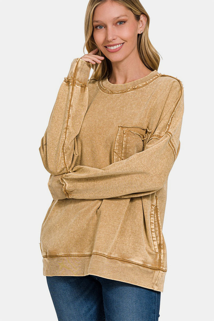 Zenana - Acid Wash Pullover Sweatshirt - Camel - Inspired Eye Boutique