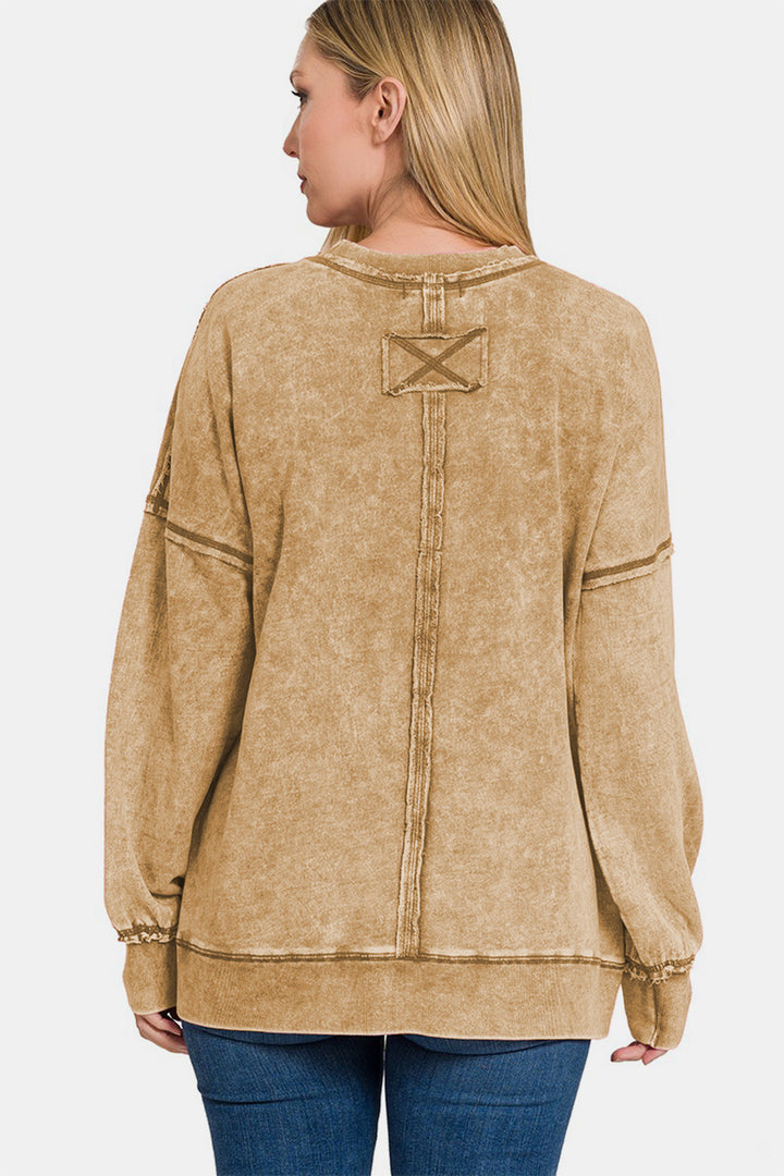 Zenana - Acid Wash Pullover Sweatshirt - Camel - Inspired Eye Boutique