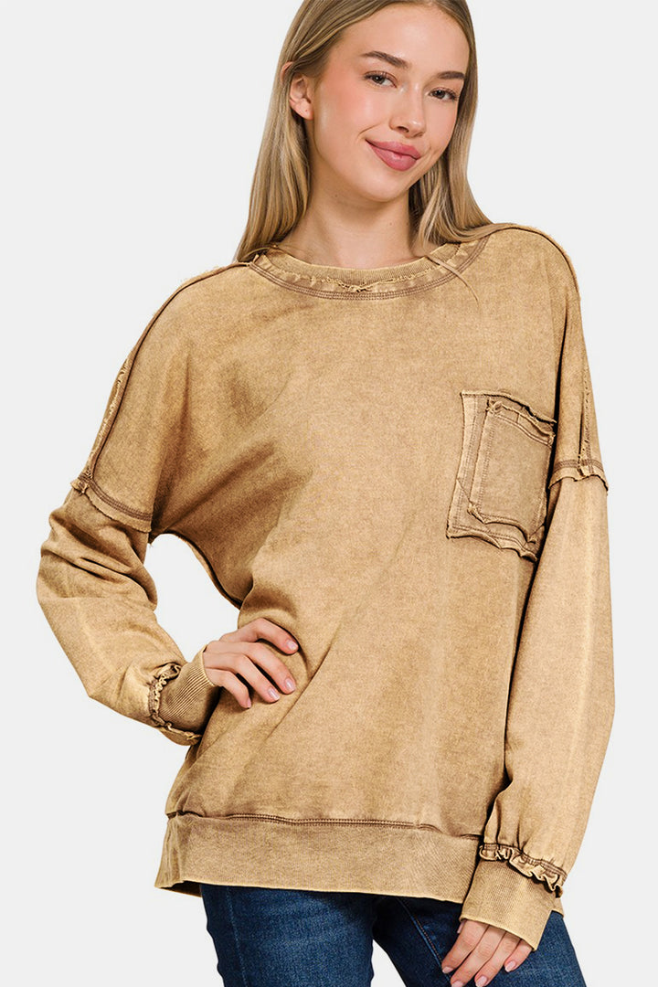 Zenana - Acid Wash Pullover Sweatshirt - Camel - Inspired Eye Boutique