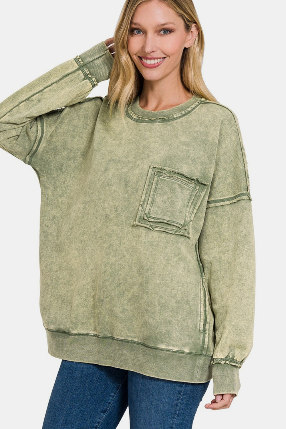 Zenana - Acid Wash Pullover Sweatshirt - Lt Olive - Inspired Eye Boutique