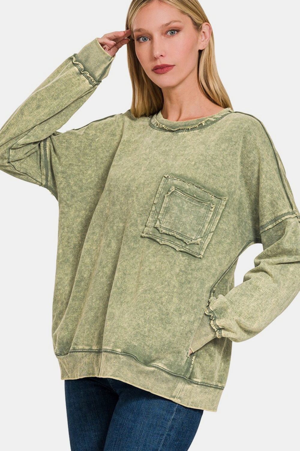 Zenana - Acid Wash Pullover Sweatshirt - Lt Olive - Inspired Eye Boutique