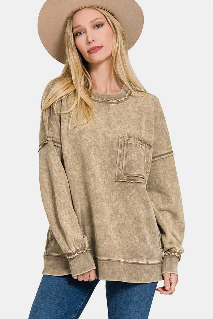 Zenana - Acid Wash Pullover Sweatshirt - Mocha - Inspired Eye Boutique