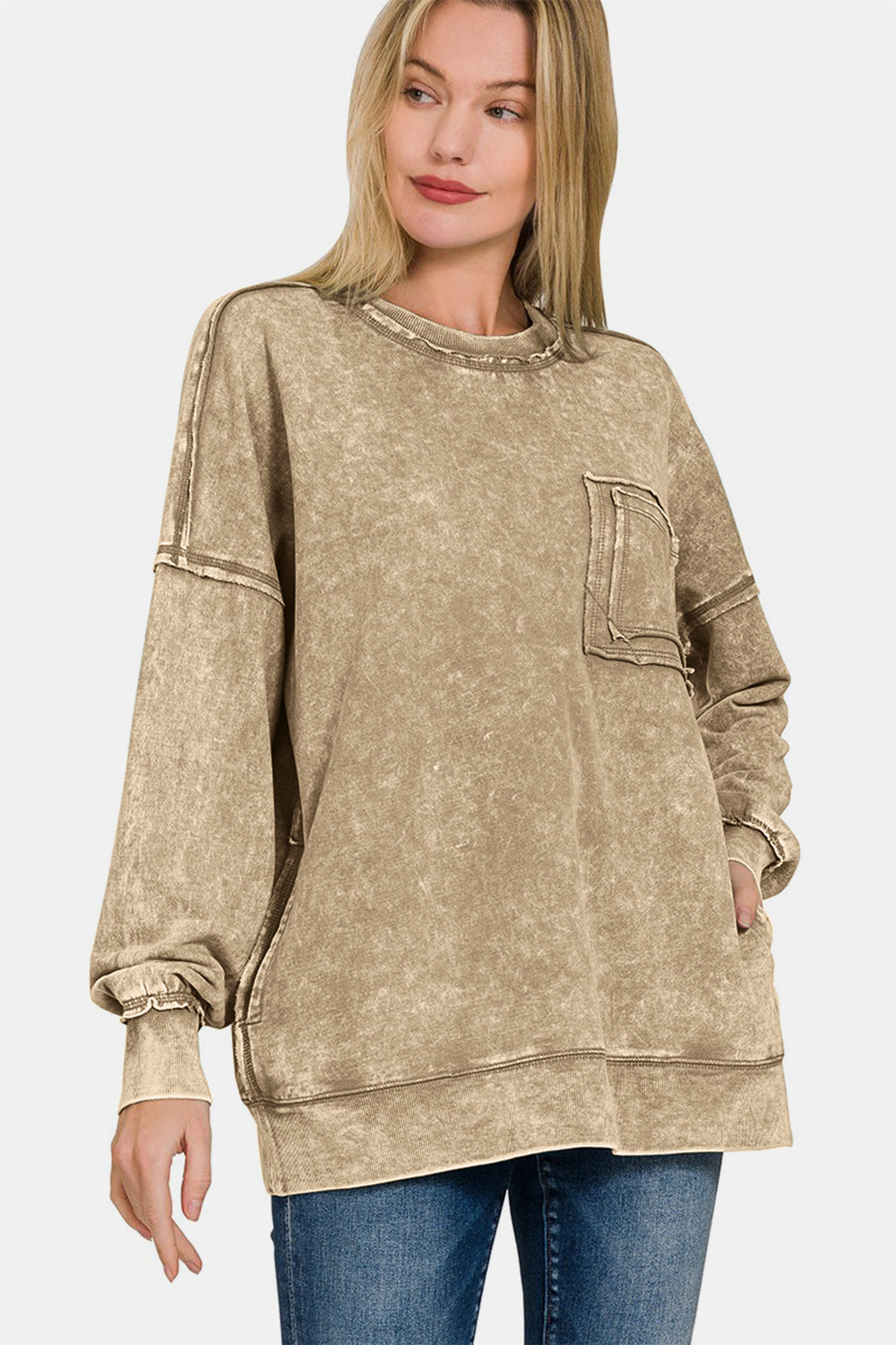 Zenana - Acid Wash Pullover Sweatshirt - Mocha - Inspired Eye Boutique