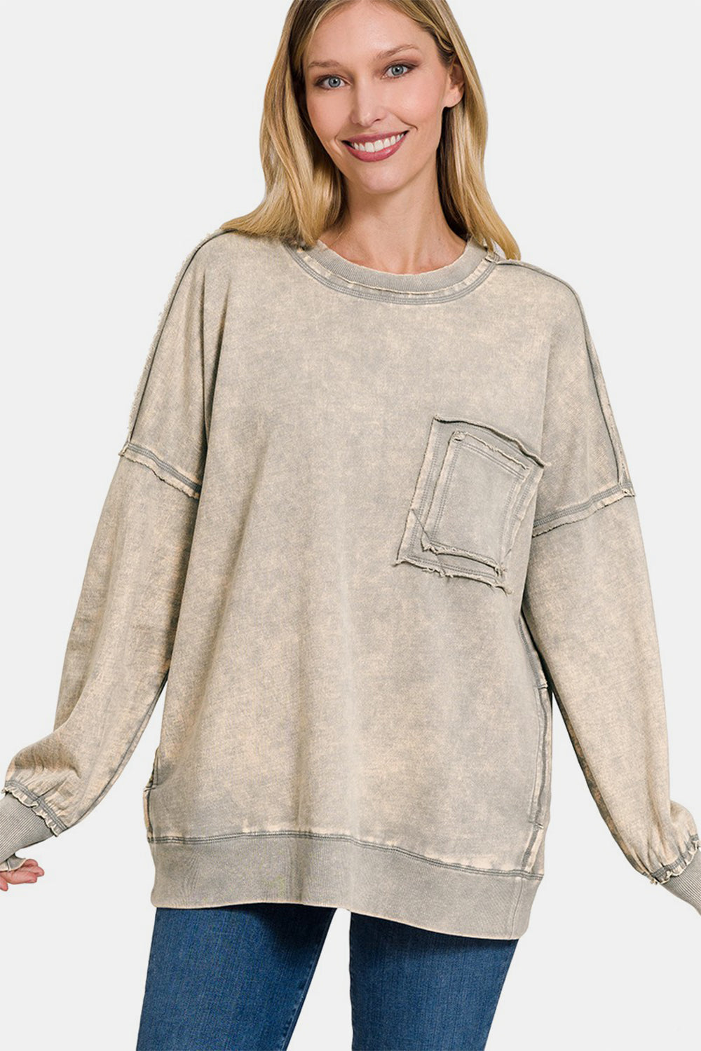 Zenana - Acid Wash Pullover Sweatshirt - Sleet - Inspired Eye Boutique