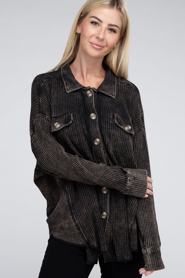 Zenana Acid Wash Shacket - Ash Black - Inspired Eye Boutique