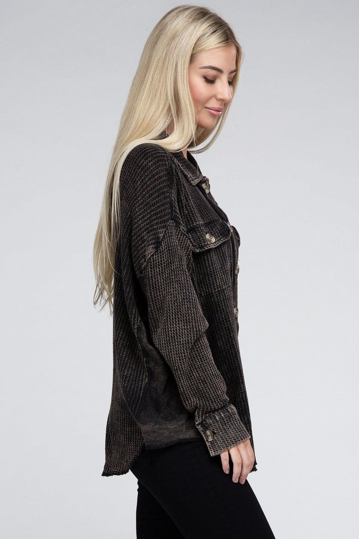 Zenana Acid Wash Shacket - Ash Black - Inspired Eye Boutique