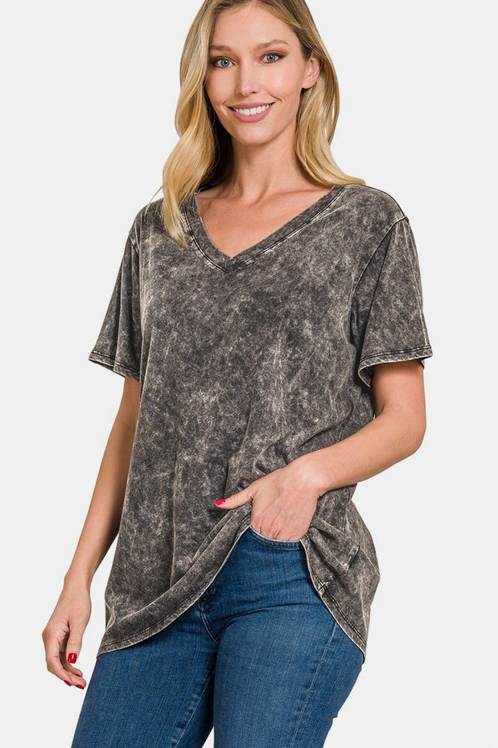 Zenana - Acid Wash Short Sleeve V-Neck Tee - Ash Black - Inspired Eye Boutique