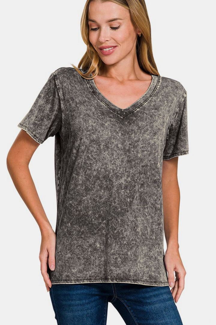 Zenana - Acid Wash Short Sleeve V-Neck Tee - Ash Black - Inspired Eye Boutique