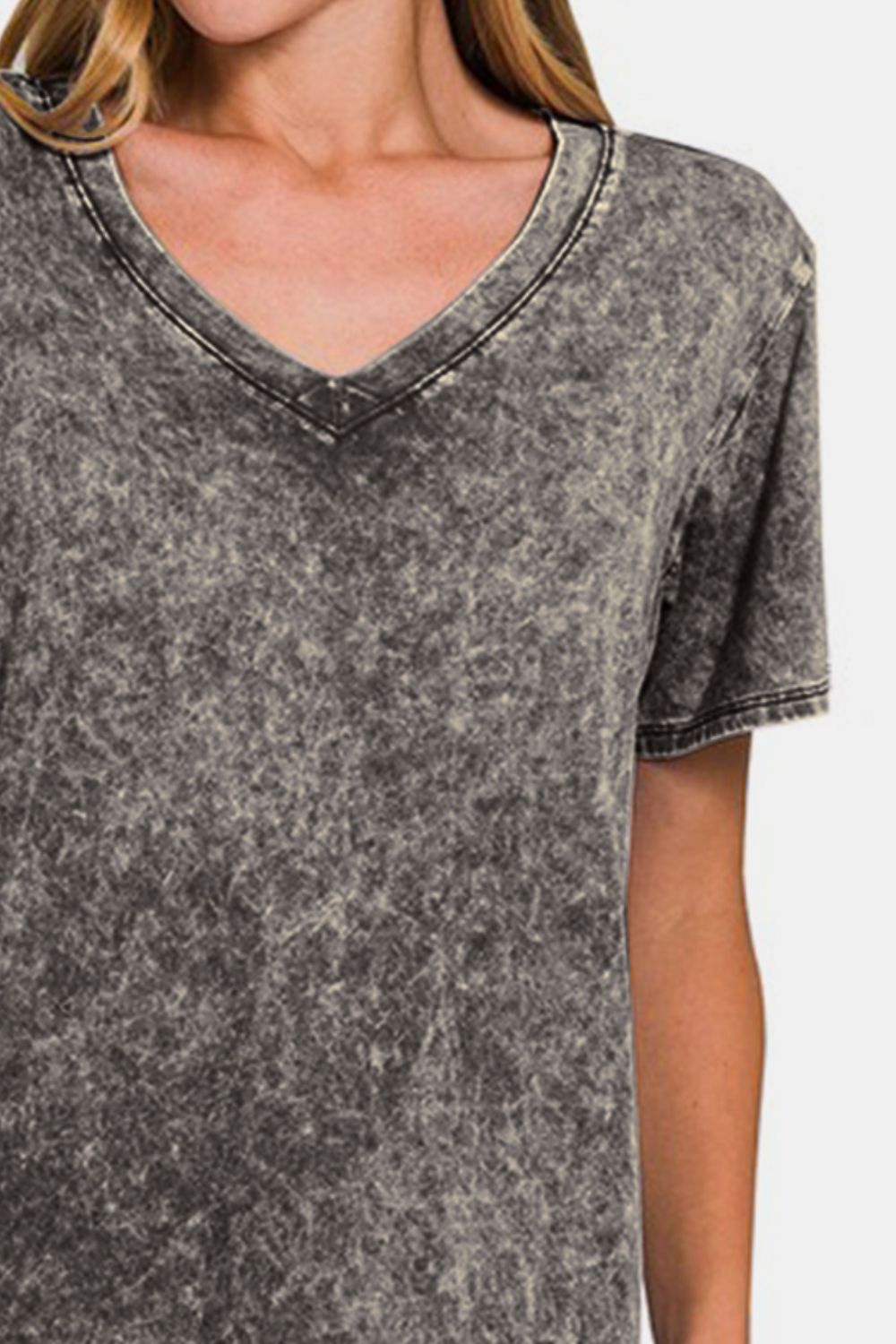 Zenana - Acid Wash Short Sleeve V-Neck Tee - Ash Black - Inspired Eye Boutique