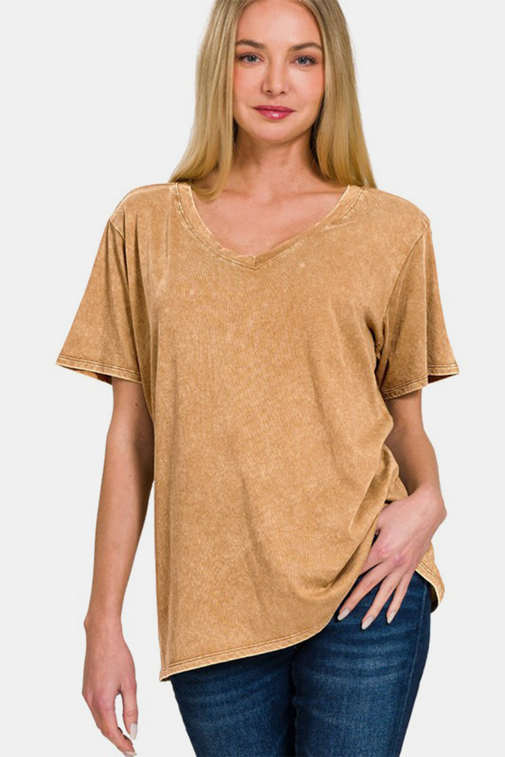 Zenana - Acid Wash Short Sleeve V-Neck Tee - Camel - Inspired Eye Boutique