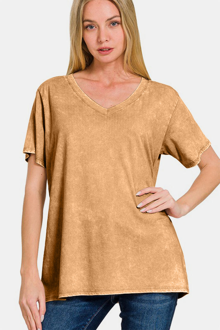 Zenana - Acid Wash Short Sleeve V-Neck Tee - Camel - Inspired Eye Boutique