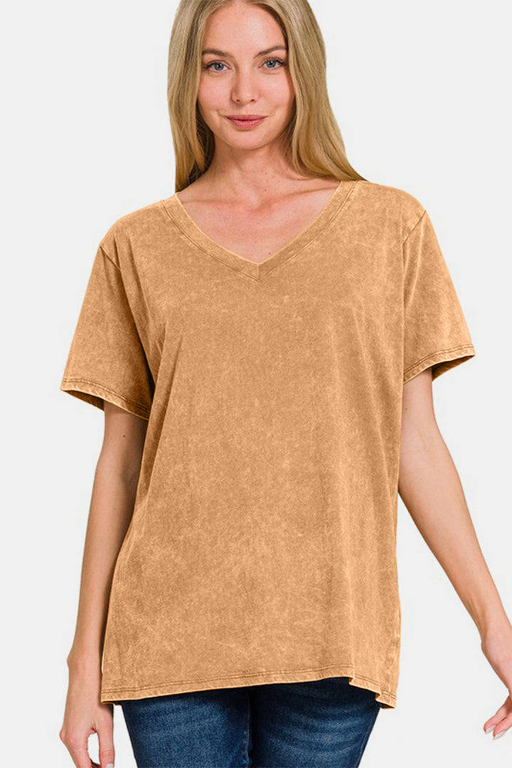 Zenana - Acid Wash Short Sleeve V-Neck Tee - Camel - Inspired Eye Boutique