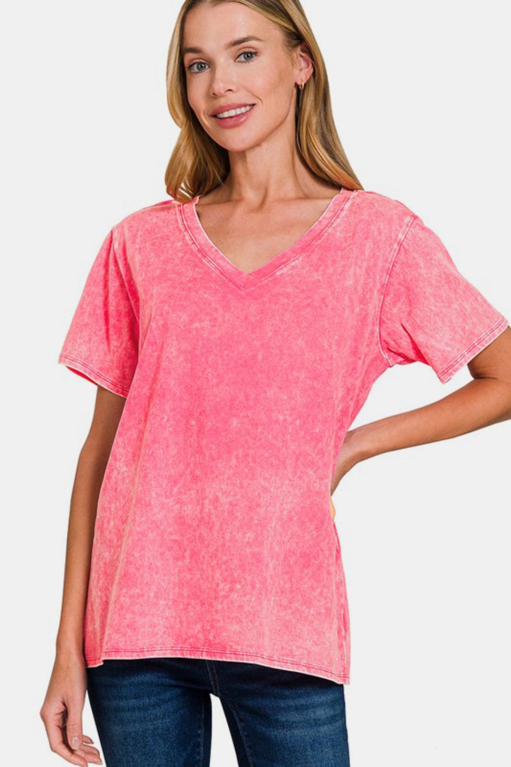 Zenana - Acid Wash Short Sleeve V-Neck Tee - Fuchsia - Inspired Eye Boutique