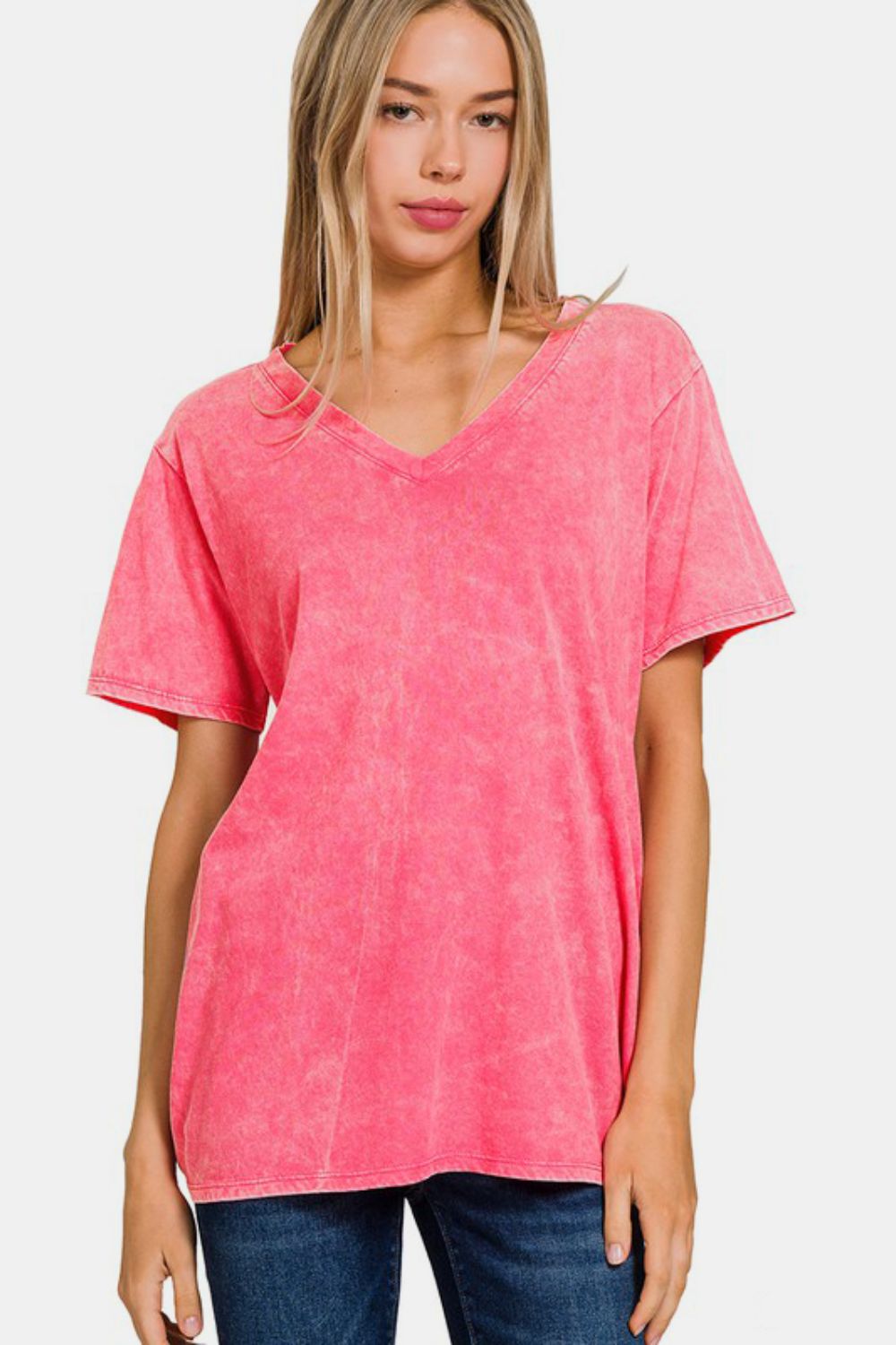 Zenana - Acid Wash Short Sleeve V-Neck Tee - Fuchsia - Inspired Eye Boutique