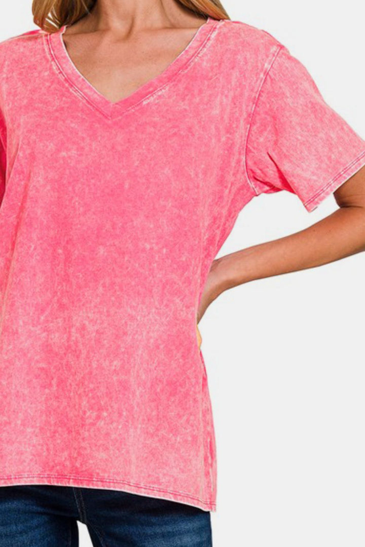 Zenana - Acid Wash Short Sleeve V-Neck Tee - Fuchsia - Inspired Eye Boutique