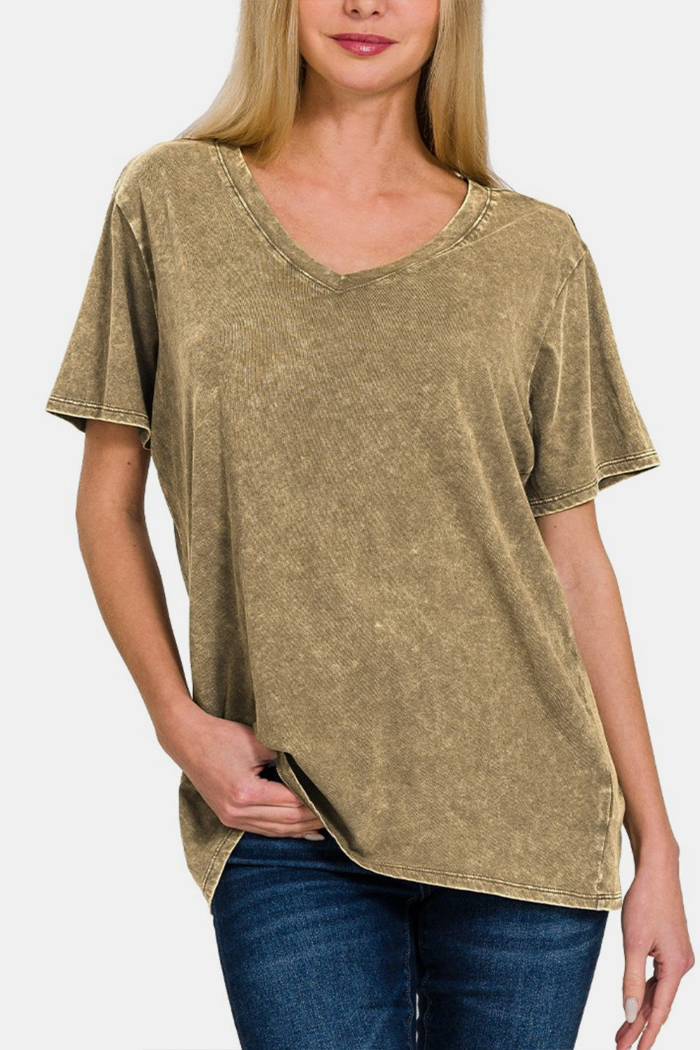 Zenana - Acid Wash Short Sleeve V-Neck Tee - Mocha - Inspired Eye Boutique