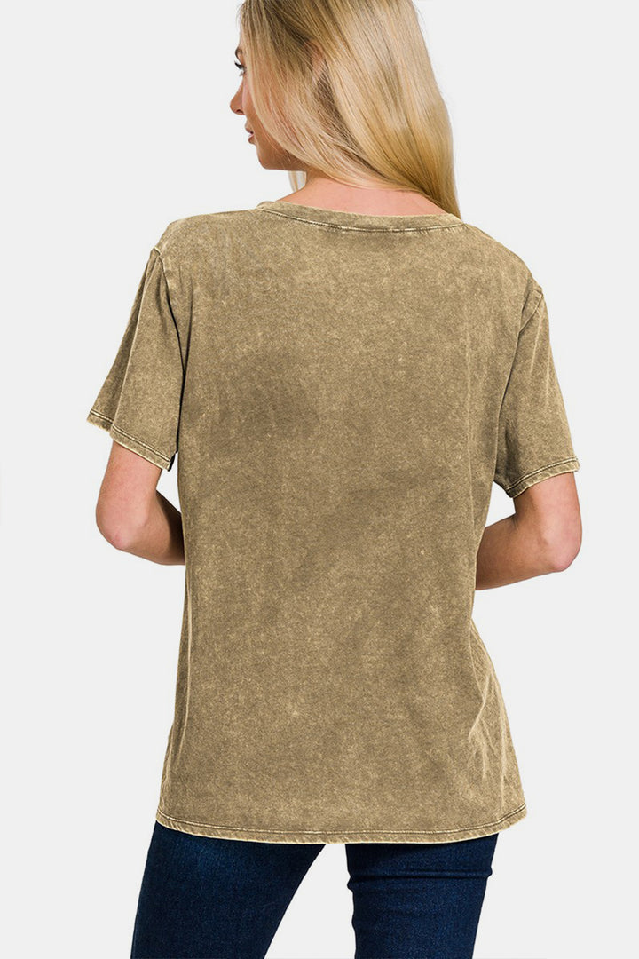 Zenana - Acid Wash Short Sleeve V-Neck Tee - Mocha - Inspired Eye Boutique