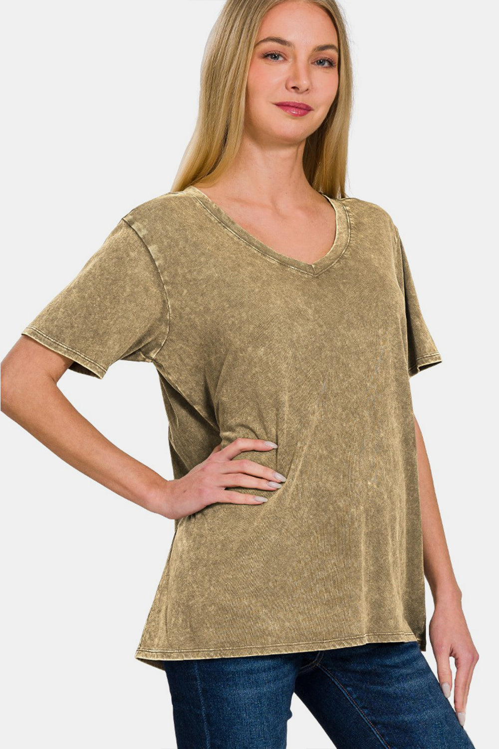 Zenana - Acid Wash Short Sleeve V-Neck Tee - Mocha - Inspired Eye Boutique