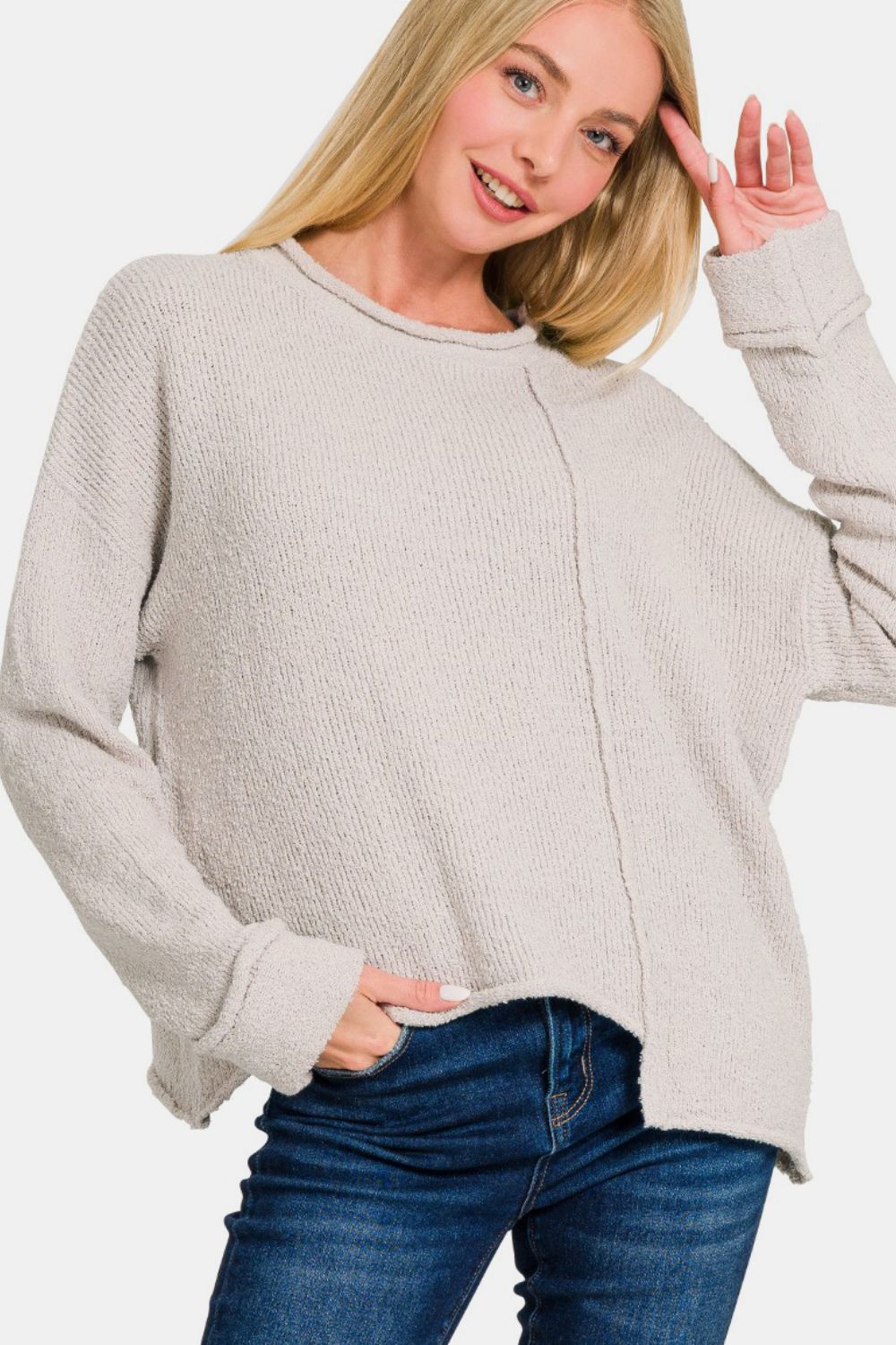 Zenana - Asymmetric Hem Sweater - Bone - Inspired Eye Boutique