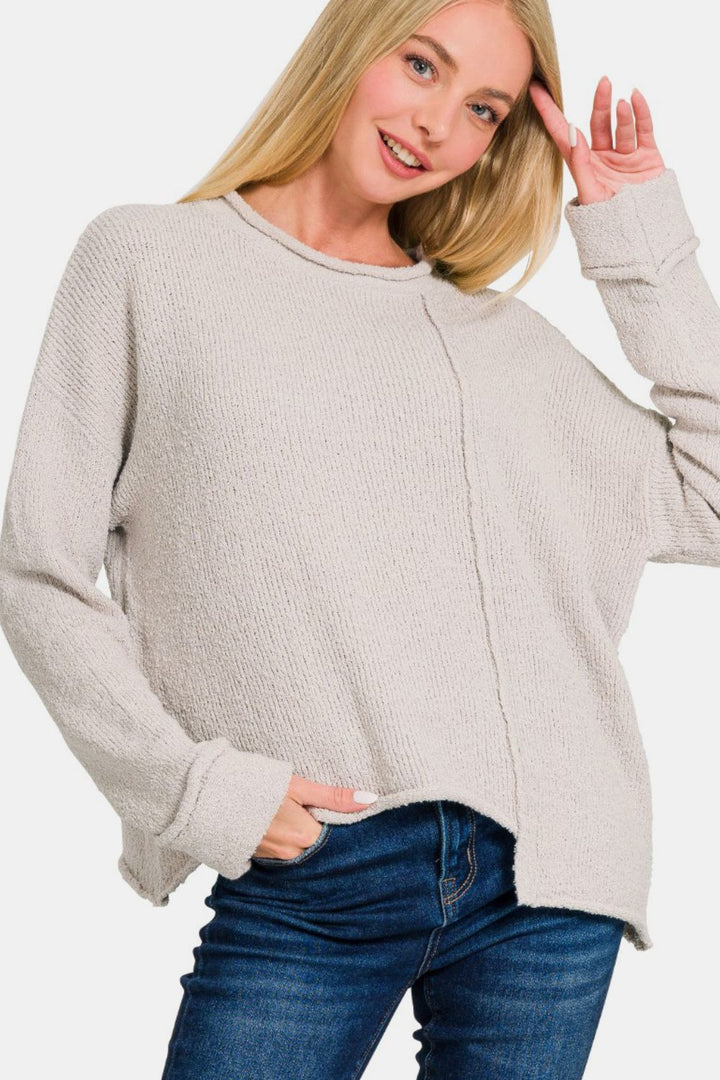 Zenana - Asymmetric Hem Sweater - Bone - Inspired Eye Boutique