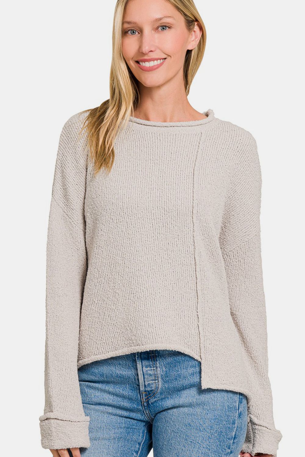 Zenana - Asymmetric Hem Sweater - Bone - Inspired Eye Boutique