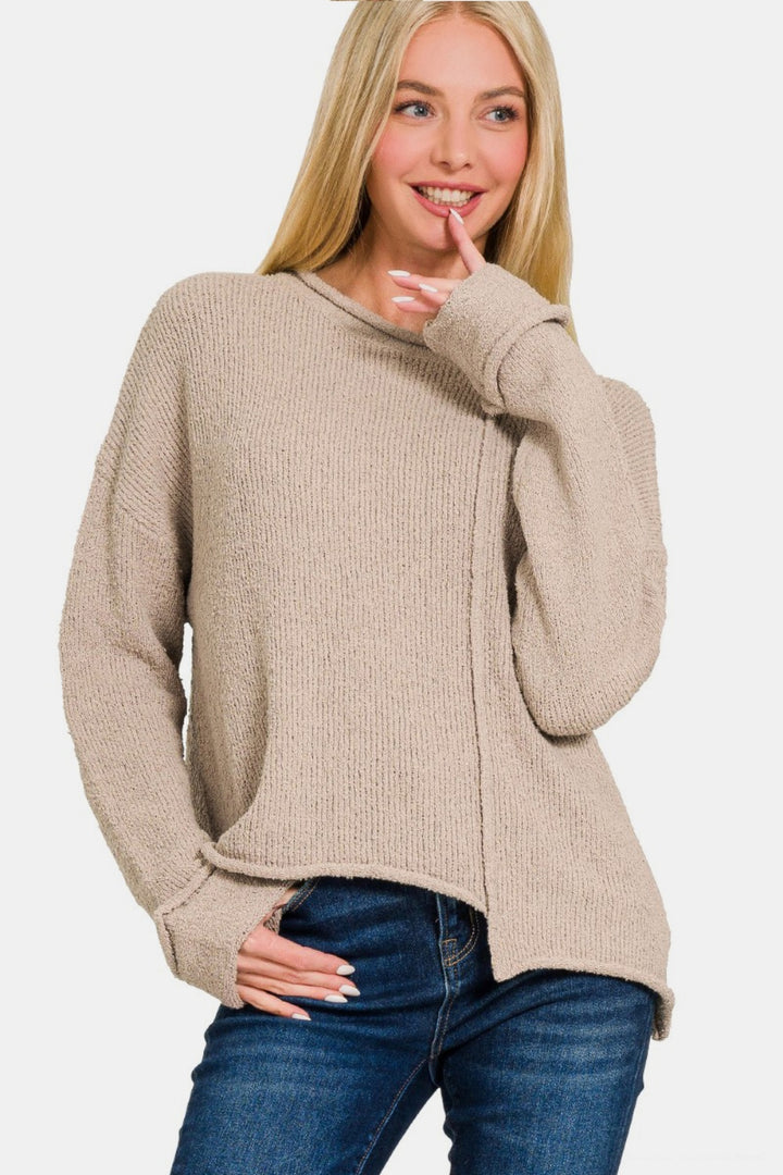 Zenana - Asymmetric Hem Sweater - Mocha - Inspired Eye Boutique