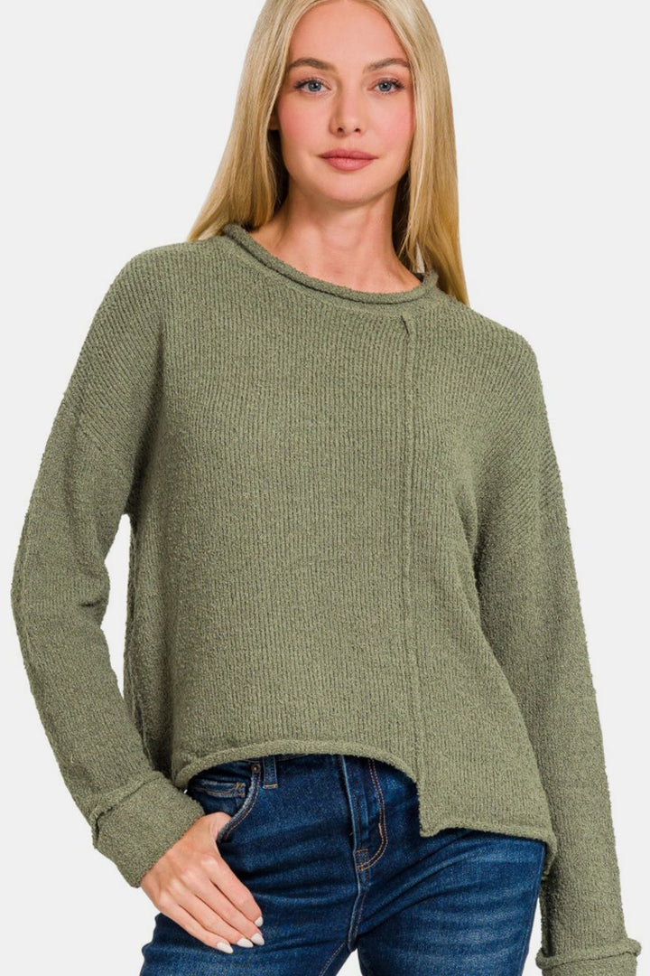 Zenana - Asymmetric Hem Sweater - Olive - Inspired Eye Boutique