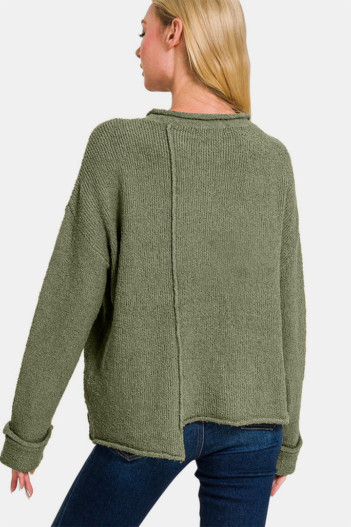 Zenana - Asymmetric Hem Sweater - Olive - Inspired Eye Boutique