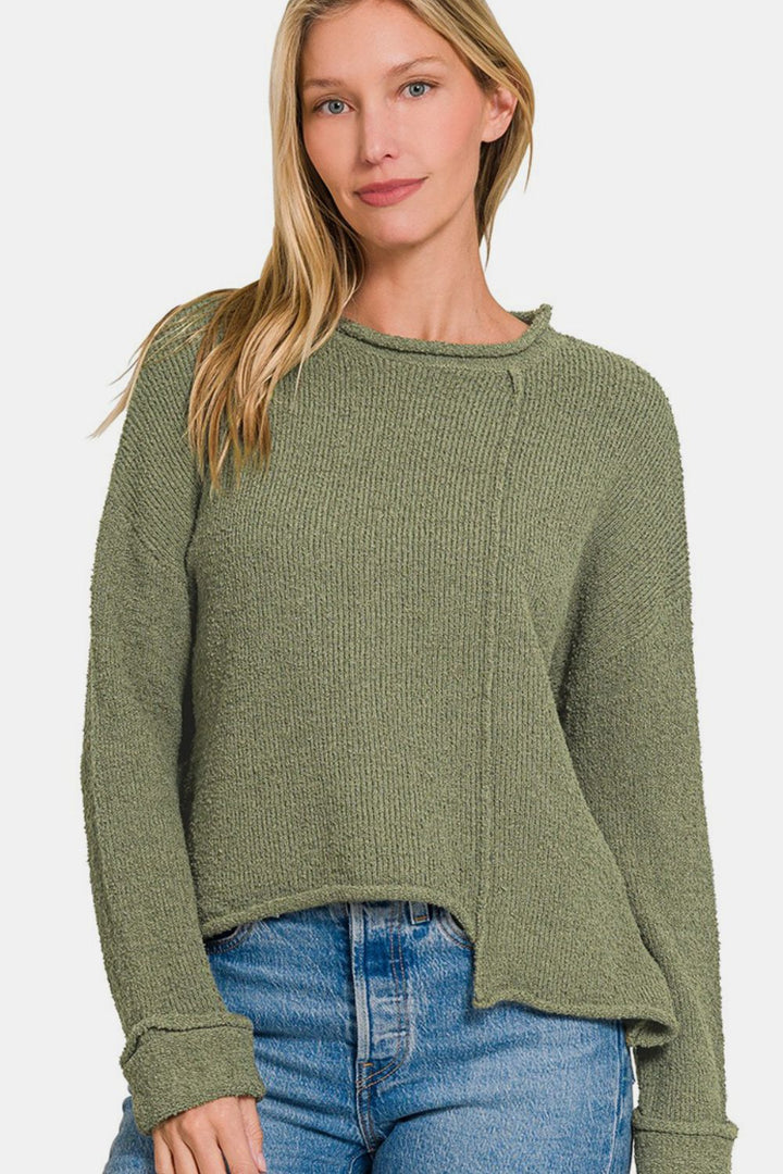 Zenana - Asymmetric Hem Sweater - Olive - Inspired Eye Boutique