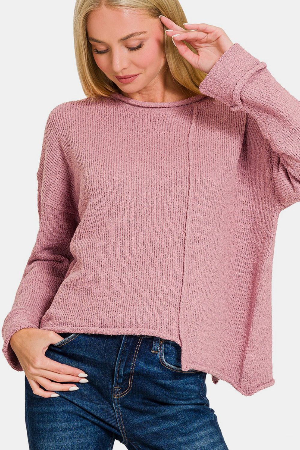 Zenana - Asymmetric Hem Sweater - Rose - Inspired Eye Boutique