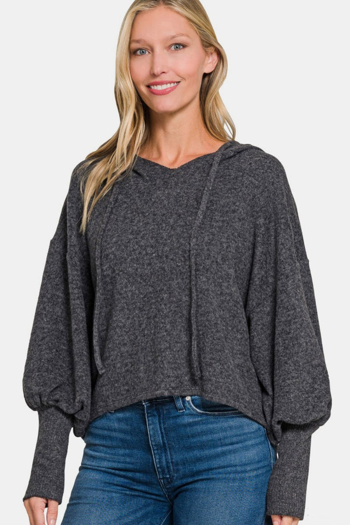 Zenana - Brushed Hacci Balloon Sleeve Hoodie - Black - Inspired Eye Boutique