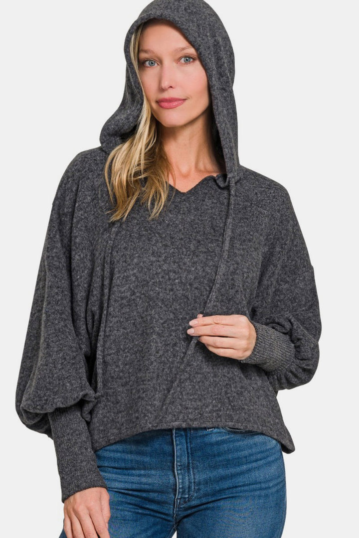 Zenana - Brushed Hacci Balloon Sleeve Hoodie - Black - Inspired Eye Boutique