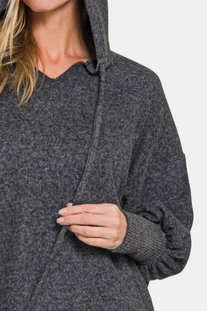 Zenana - Brushed Hacci Balloon Sleeve Hoodie - Black - Inspired Eye Boutique