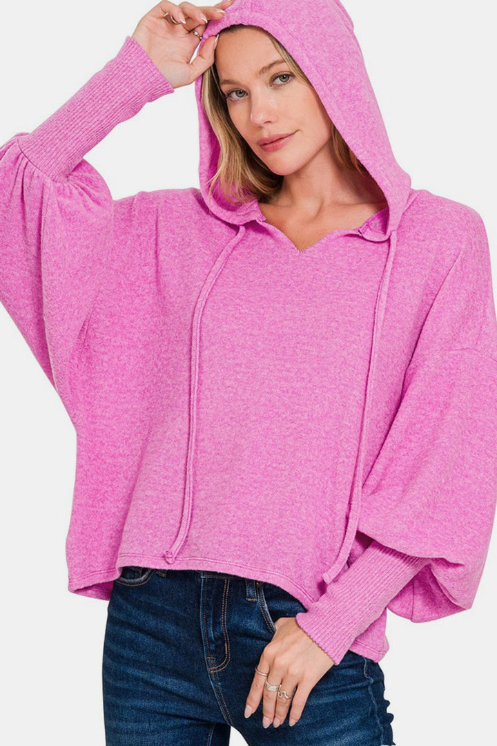 Zenana - Brushed Hacci Balloon Sleeve Hoodie - Bright Mauve - Inspired Eye Boutique